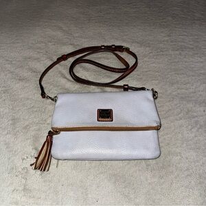 Dooney and Bourke flap over crossbody in light blue pebbled leather with brown